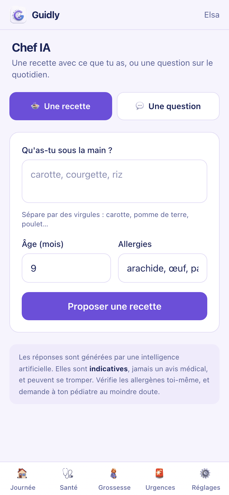 Le Chef IA de Guidly : à partir de courgette, riz, carotte et poulet, il propose un petit plat dès 9 mois, écrasé à la fourchette avec de petits morceaux fondants, en indiquant le temps de préparation et de cuisson.