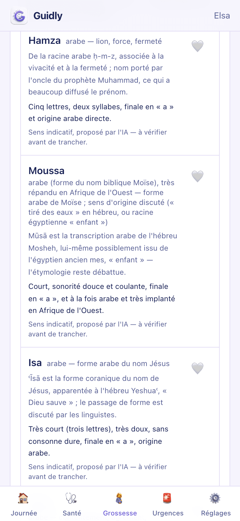 Les propositions du trouveur de prénoms de Guidly : Hamza, Moussa et Isa, chacun avec son origine, son étymologie et ce qui, dans la demande, lui vaut d'être proposé.